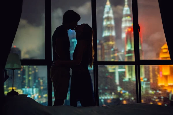 Silhouette Loving Couple Window View Night City — Stock Photo, Image