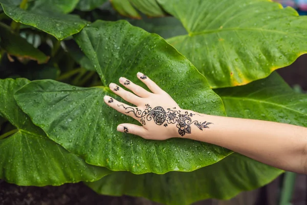 Foto Van Menselijke Hand Versierd Met Henna Tattoo Mehendi Aan — Stockfoto