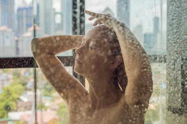 Beautiful Woman Shower Glass Drops Background Window Panoramic View City — Stockfoto