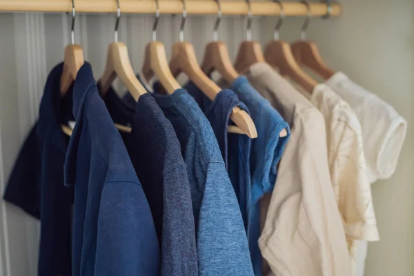 Clothes on hangers in the cabinet gradient from white to dark blue.