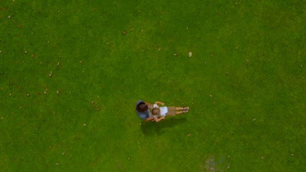 Fotografía en cámara lenta aérea de un padre rodeando a su hijo en sus brazos en un césped verde. cámara baja — Vídeo de stock