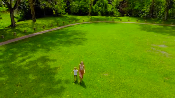 Luchtfoto van tikje schot van een vrouw en haar zoon wordt uitgevoerd op een groen gazon in de tropen — Stockvideo