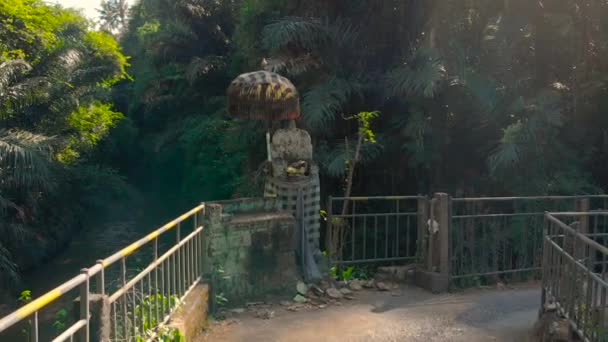 Ripresa steadycam rallentatore di un piccolo ponte sul fiume con un piccolo tempio locale su di esso a Bali, Indonesia — Video Stock