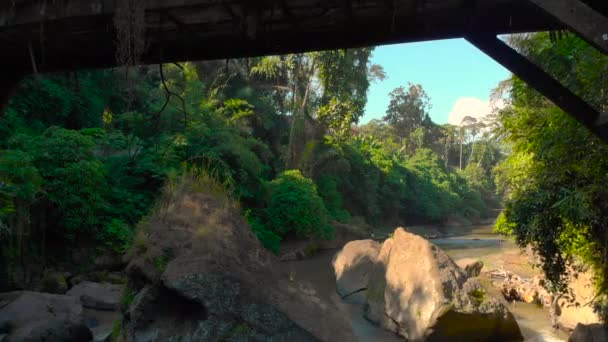 Plano Aéreo Pequeño Puente Sobre Río Con Pequeño Templo Local — Vídeo de stock