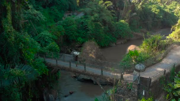 Luftaufnahme einer kleinen Brücke über den Fluss mit einem kleinen lokalen Tempel darauf in Bali, Indonesien. Bäuerin trägt Zeug auf dem Kopf — Stockvideo