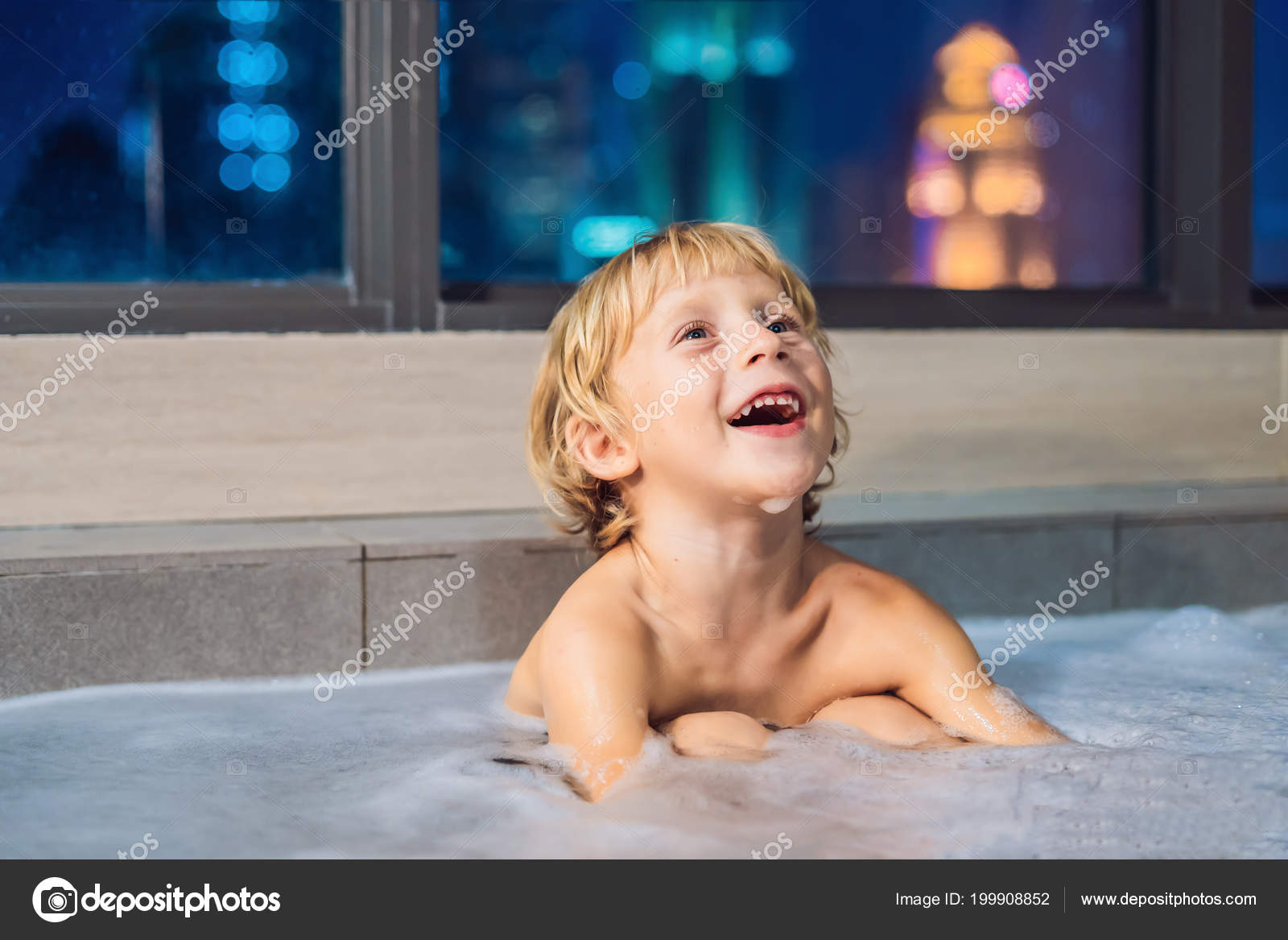 Happy Little Baby Boy Sitting Bath Tub Evening Going Sleep
