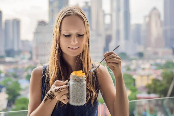 Young Woman Mehendi Henna Hand Eating Chia Pudding Her Balcony — Stock Photo, Image