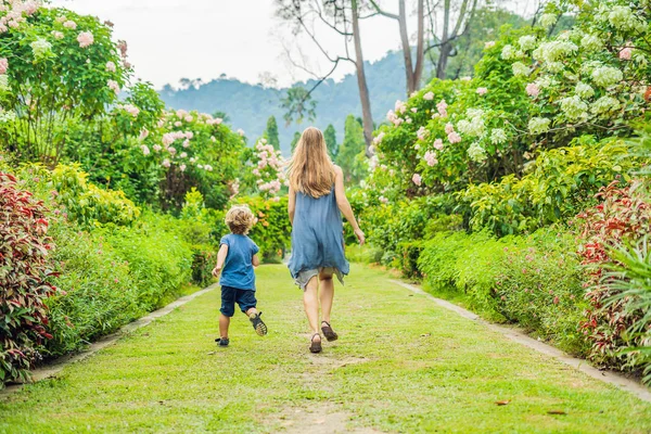 Moeder Zoon Lopen Rond Bloeiende Tuin Gelukkige Familie Levensstijl Concept — Stockfoto