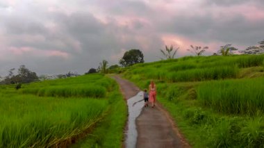 Kadın ve oğlu pirinç terasları yol boyunca şafakta Bali Adası'nda yürüyüş