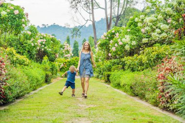 Anne ve oğlu çiçek açan bahçede koşturup. Mutlu aile yaşam tarzı kavramı.