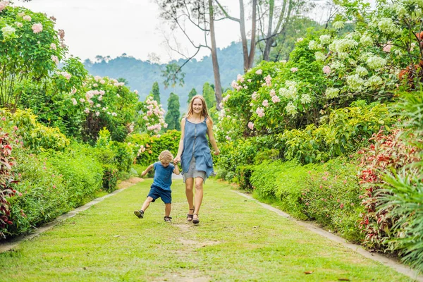 Anne ve oğlu çiçek açan bahçede koşturup. Mutlu aile yaşam tarzı kavramı.