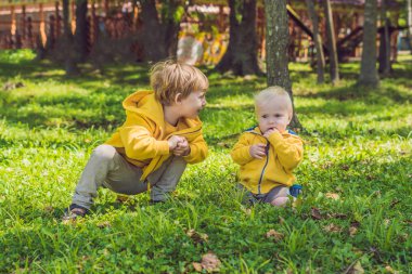 Sonbahar parkta sarı tişörtü iki mutlu kardeşler