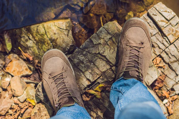 Feet Trekking Boots Hiking Traveler Alone Outdoor Wild Nature Lifestyle — Stock Photo, Image