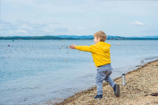 Молодий Хлопчик Кидає Каміння Морську Воду Пляжу Вдень — стокове фото