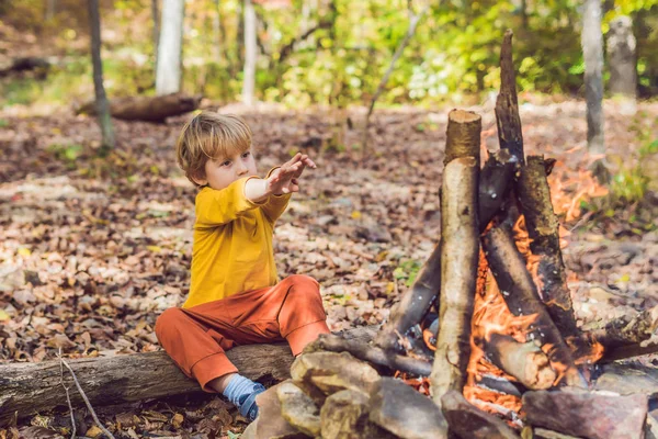 Çocuk oğlan kamp ateşi gündüz oturuyor