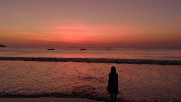 Rallentatore Scatto aereo di una donna che cammina in riva al mare al tramonto — Video Stock