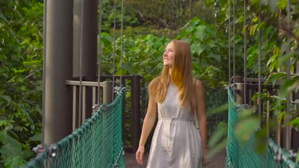 Steadicam disparo de una mujer joven caminando en el puente colgante en el Eco Park en la ciudad de Kuala Lumpur — Vídeos de Stock