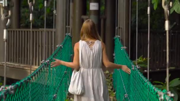 Steadicam foto di una giovane donna e suo figlio che camminano sul ponte sospeso sospeso nell'Eco Park nella città di Kuala Lumpur — Video Stock