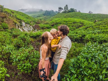 Anne, baba ve oğul çay plantasyon Malezya üzerinde seyahat vardır. Çocuk kavramı ile seyahat.