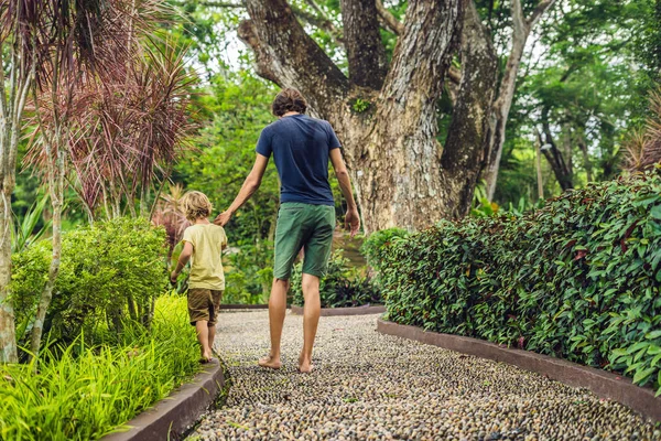 Father Son Walking Textured Cobble Pavement Reflexology Pebble Stones Pavement — Stock Photo, Image