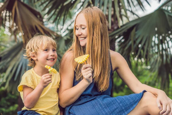 Mamma Figlio Hanno Fatto Picnic Nel Parco Mangia Frutta Sana — Foto Stock