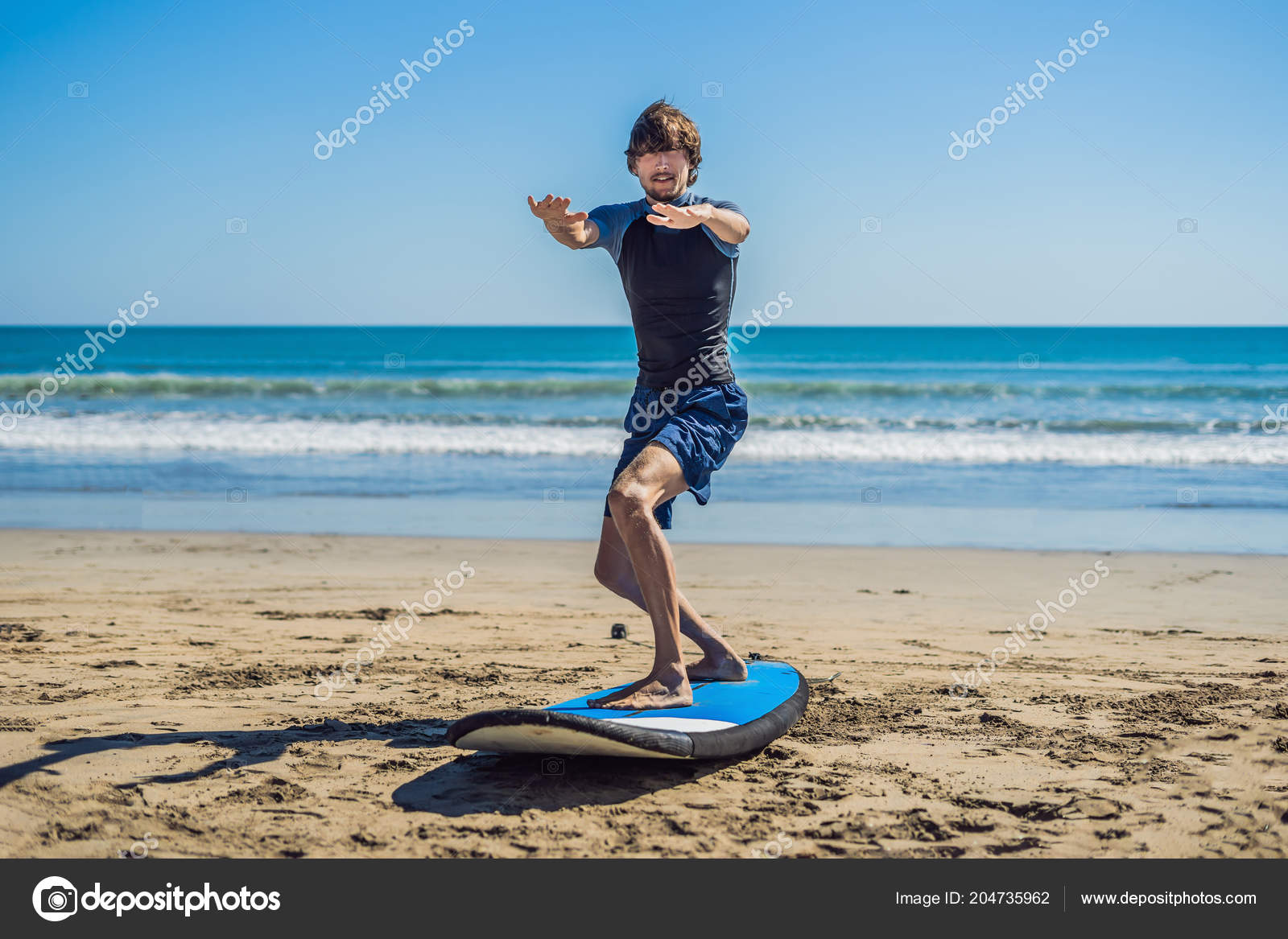 Young Man Surfer Training Lineup Sand Beach Learning Surf Young Man Surfer Training Lineup Sand Beach Learning Surf