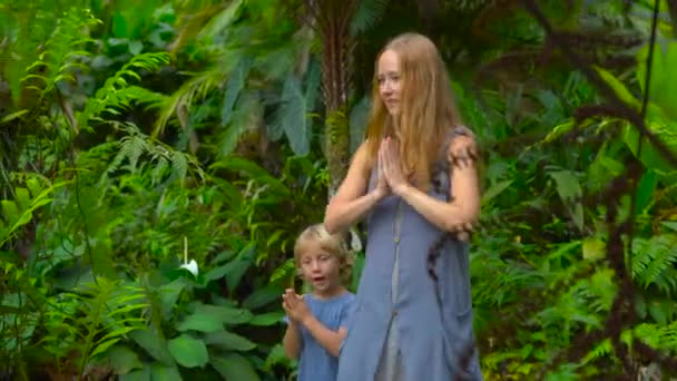 Fiatal nő és az ő fia, meglátogatja a trópusi botanikus kert. Páfrány szakasz — Stock videók