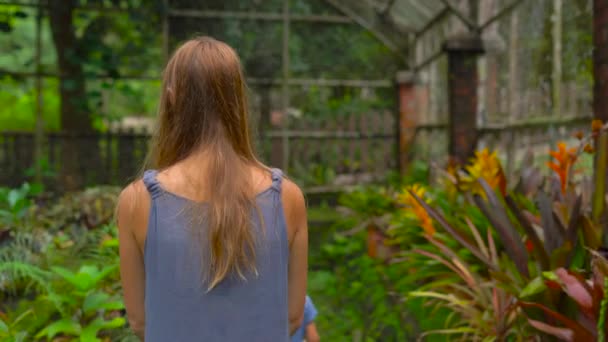 Giovane donna e suo figlio in visita in un giardino botanico tropicale. sezione epifite — Video Stock
