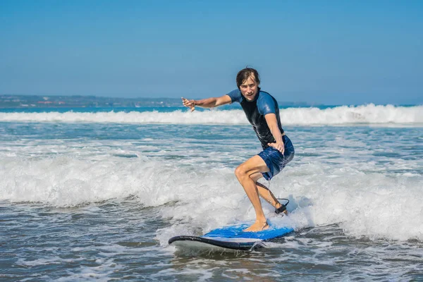 Young Beginner Surfer Learns Surf Sea Foam Bali Island — Stock Photo, Image