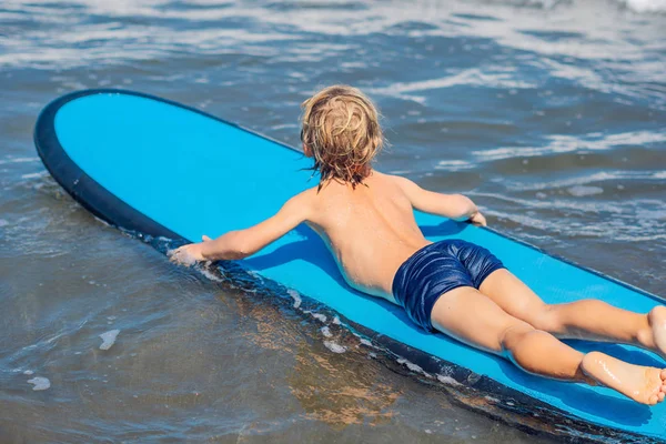 Happy Baby Boy Young Surfer Ride Surfboard Fun Sea Waves — Stock Photo, Image