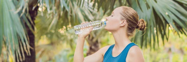 Attractive Sporty Woman Drinking Water Bottle Jogging Running Banner Long — Stock Photo, Image