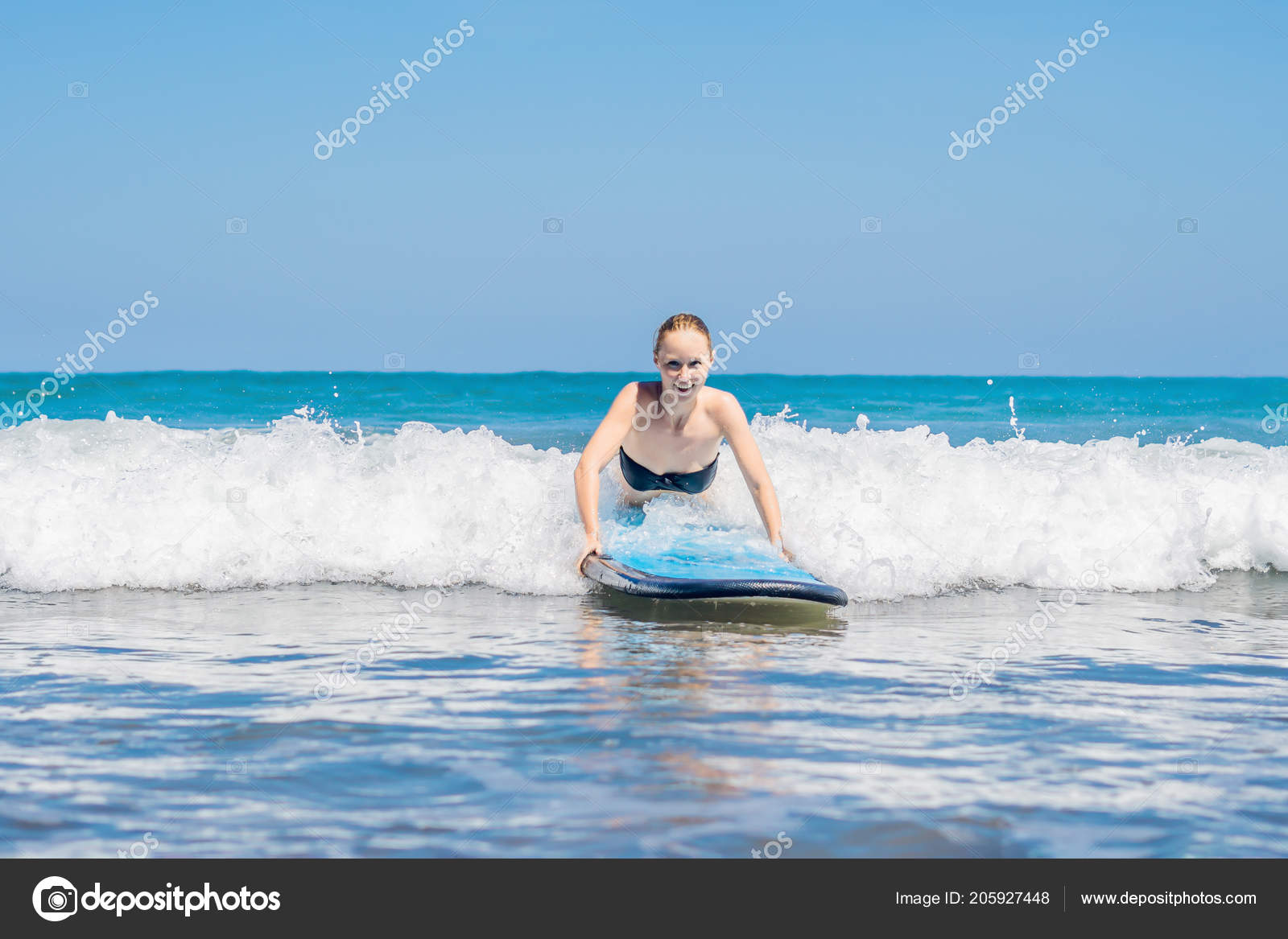 Young Woman Learning Surf Waves Ocean Bali Indonesia Stock Young Woman Learning Surf Waves Ocean Bali Indonesia Stock