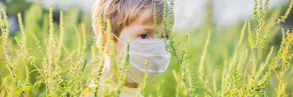 Menino em uma máscara médica por causa de uma alergia ao ragweed BANNER, formato longo — Fotografia de Stock