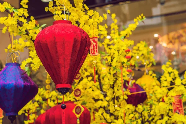 Жовті Квіти Червоними Азіатськими Ліхтарями Надворі — стокове фото