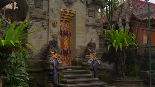 Zdobené Sochy Poblíž Vchodu Puri Saren Královský Palác Ubud Bali — Stock video