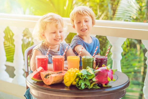 Bambini Bevono Frullati Sani Colorati Anguria Papaia Mango Spinaci Frutta — Foto Stock