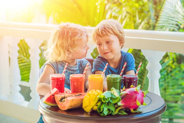 Bambini Bevono Frullati Sani Colorati Anguria Papaia Mango Spinaci Frutta — Foto Stock
