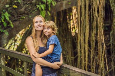 Anne ve oğlu yolcuları maymun orman, Bali Endonezya Ubud ormanda keşfetmek. Çocuk kavramı ile seyahat.