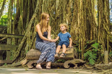 Anne ve oğlu yolcuları maymun orman, Bali Endonezya Ubud ormanda keşfetmek. Çocuk kavramı ile seyahat.