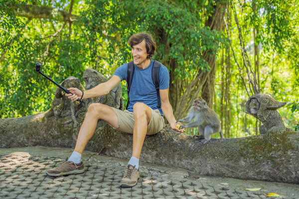 Selfie with monkeys. Young man uses a selfie stick to take a photo or video blog with cute funny monkey. Travel selfie with wildlife in Bali.