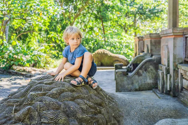 Çocuk Turist Maymun Orman Bali Endonezya Ubud Ormanda Keşfetmek Çocuk — Stok fotoğraf