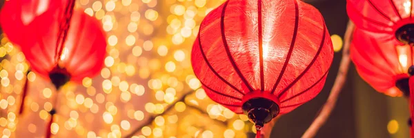 Lanternas Chinesas Durante Festival Ano Novo Ano Novo Vietnamita Banner — Fotografia de Stock