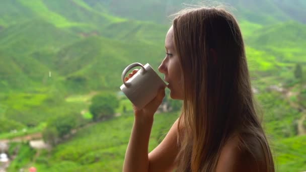 Lassú lövés, egy fiatal nő ül egy kávézóban, a Felvidéken tea terasz kilátással, és ivott tea — Stock videók