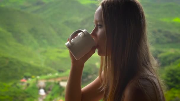 Giovane donna seduta in un caffè con vista sulle piantagioni di tè altopiani e bere tè . — Video Stock