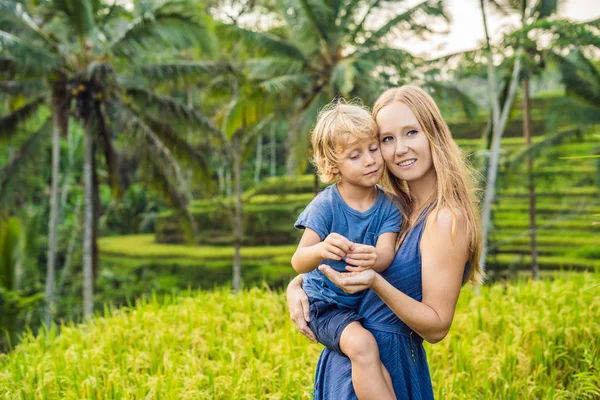 Máma Syn Pózuje Svěží Zelené Rýžové Terasy Ubud Bali Indonésie — Stock fotografie