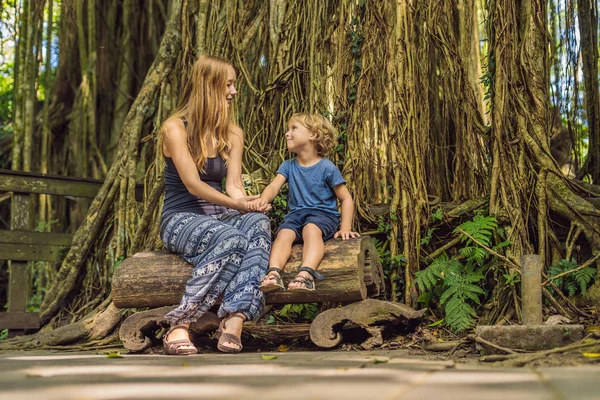 Mom Son Travelers Sitting Bench Ubud Forest Monkey Forest Bali — Stock Photo, Image