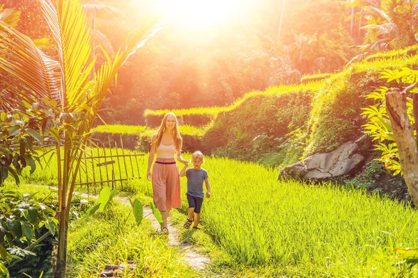 Madre Hijo Caminando Exuberantes Terrazas Arroz Verde Ubud Bali Indonesia —  Fotos de Stock