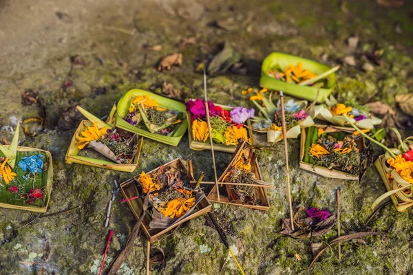 Ofrendas Los Dioses Bali Con Flores Comida Palitos Aroma —  Fotos de Stock