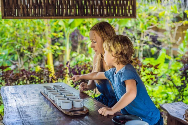 Madre Hijo Degustación Diferentes Tipos Café Isla Bali — Foto de Stock