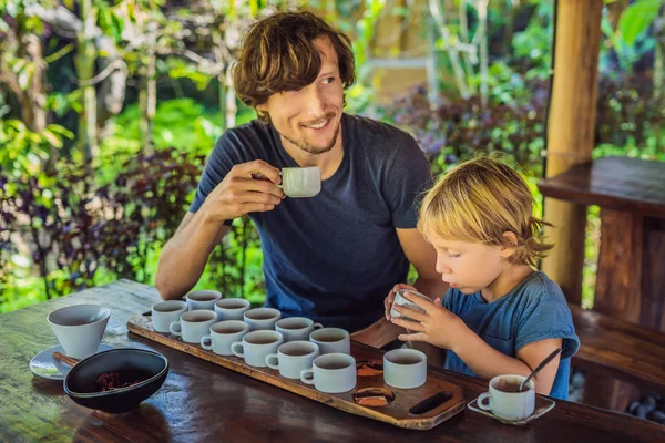 Dad and son tasting different kinds of coffee and tea on Bali island